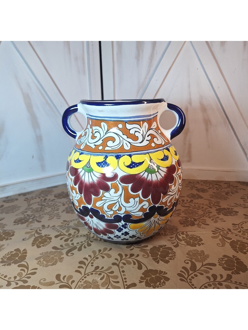 Vtg Mexican Folk Art Talavera Pottery Hand Painted Vase Double Handles 8.5"H
